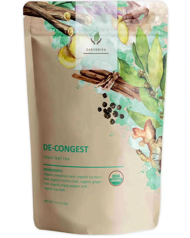 Gardenika De-Congest Loose Leaf Herbal Tea, USDA Organic, Caffeine Free - 4 oz (114g)
