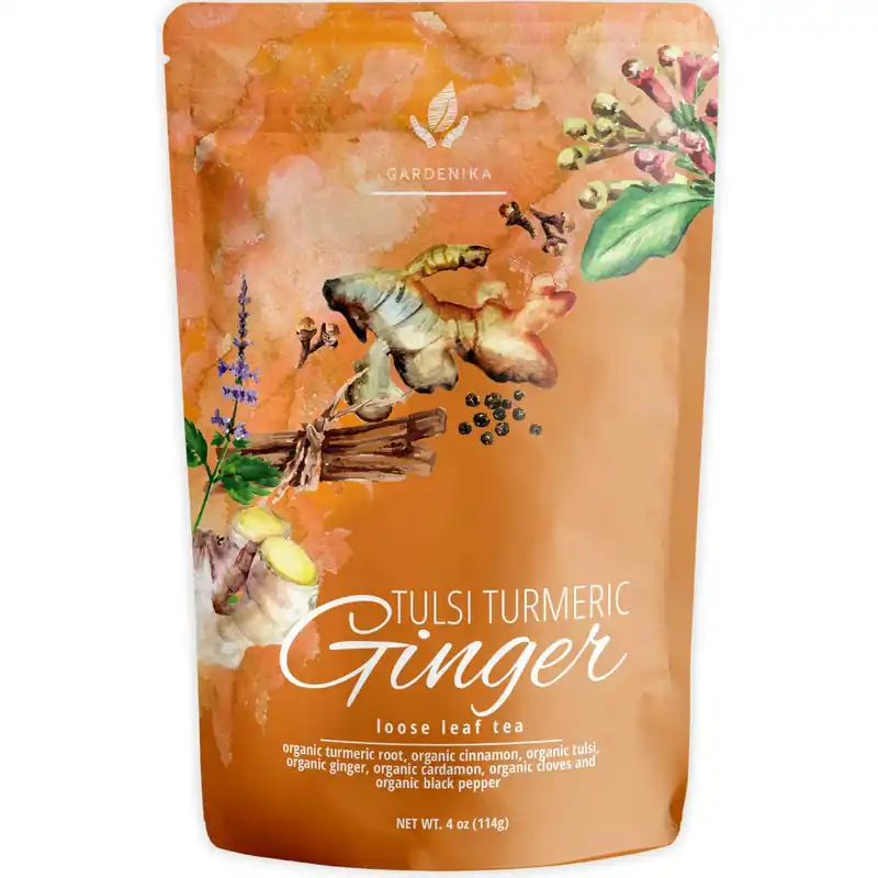 Gardenika Tulsi Turmeric Ginger Tea, Loose Leaf, USDA Organic, Caffeine Free Superfood Blend, 55+ Cups – 4 Oz (113g)