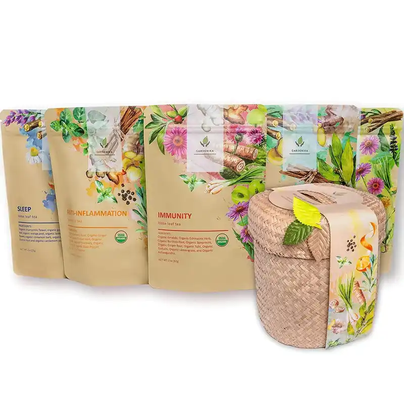 Gardenika Loose Leaf Herbal Tea Gift Set, USDA Organic, Caffeine Free, Ayurvedic, Wellness & Immune Support 120+ Cups – 5 Pack