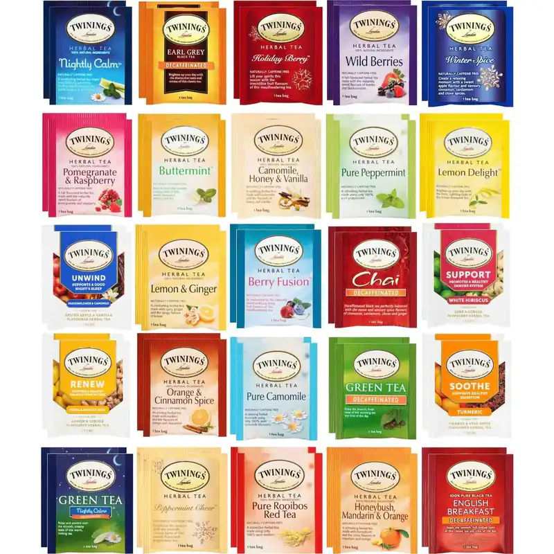 Twinings Herbal and Decaf Tea Bags Gift Sampler - 50 Count, 25 Flavors