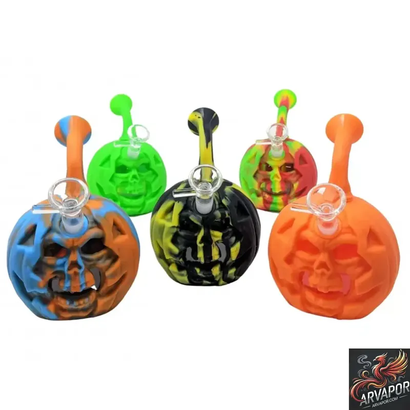Silicone Pumpkin Smiley Face W/ Glass Chamber Water Pipe - Clover Glass
