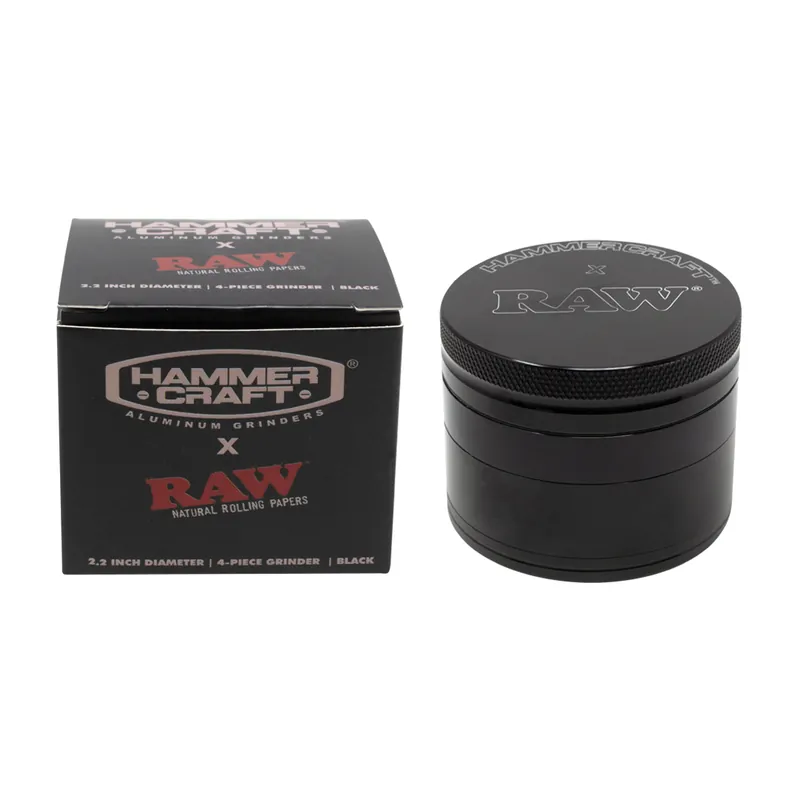 Hammercraft x RAW 2.2″ Grinder – 4-Part Aluminum Collab with Kief Catcher