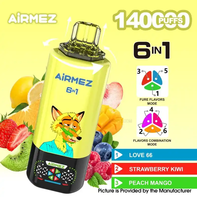 [Ships from EU-1 Warehouse] Authentic AiRMEZ Fox 6 in 1 140K Disposable Vape Kit - Love 66 + Strawberry Kiwi + Peach Mango