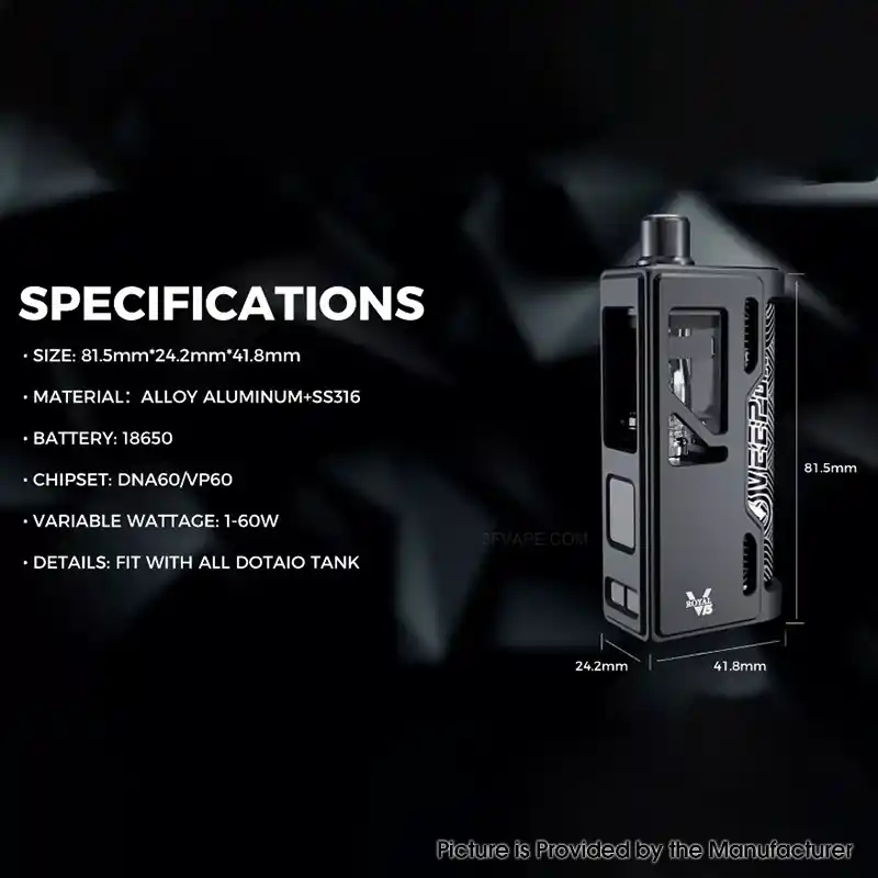 Authentic Veepon Royal V i3 60W AIO Box Mod - Black, VW 1~60W, 1 x 18650, Compatible with DotAIO tanks, VP60 Chip